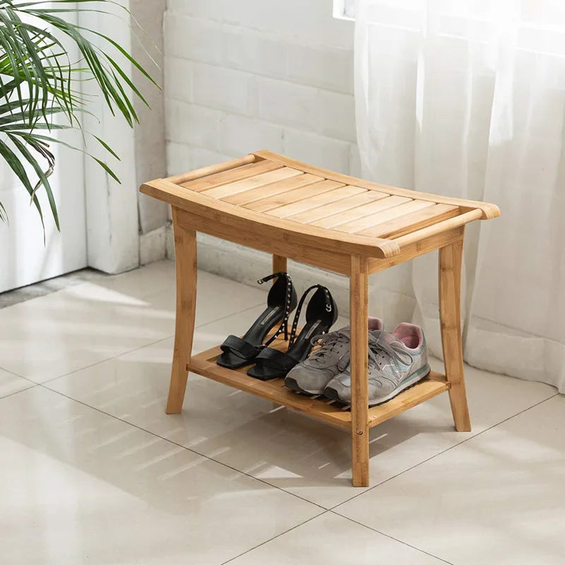 Thickened Shower Bench Bathroom Stool Double Layer Bamboo Toilet Foot Rest Multi-functional Step Tools Shower Bench