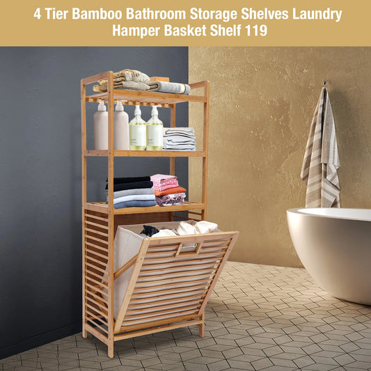 4-Tier Bamboo Laundry Basket Simple Storage Shelf Shower Organizer Rack Household Storage with Laundry Hamper Basket