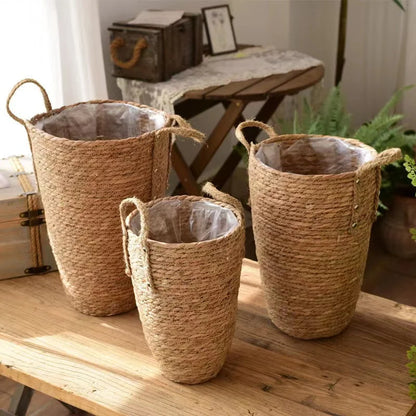 Tall Natural Wicker Planter Basket  Flower Pot Home  Garden Decor Laundry Bucket Dirty Clothes Storage Baskets Toy Holders