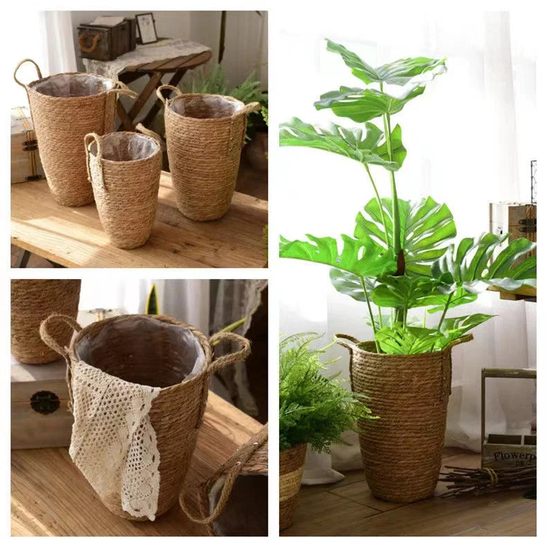 Tall Natural Wicker Planter Basket  Flower Pot Home  Garden Decor Laundry Bucket Dirty Clothes Storage Baskets Toy Holders