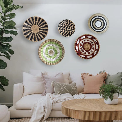 Fashion INS Straw Rattan Wall Decor Round Rattan Basket Wall Decoration Rattan Crafts Wall Hanging Frame Handwoven Hanging