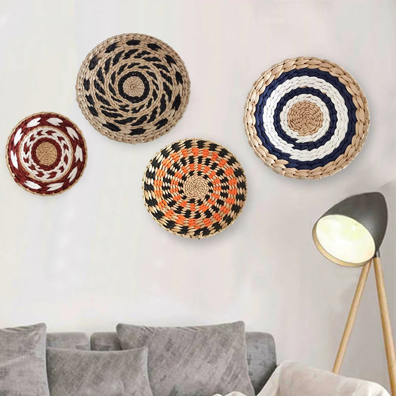 Fashion INS Straw Rattan Wall Decor Round Rattan Basket Wall Decoration Rattan Crafts Wall Hanging Frame Handwoven Hanging