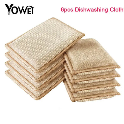 6pcs/set Bamboo Fiber Dishwashing Scouring Pads Dish Towel Sponge Scrub Pot Scrubbing Cloth Kitchen Cleaning Wire Rag Scrub