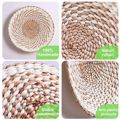 Boho Seagrass Hanging Wall Basket Decor Set of 5 Handmade Woven Round Plate Wall Decoration Craft Home Art Wall Hanging Ornament