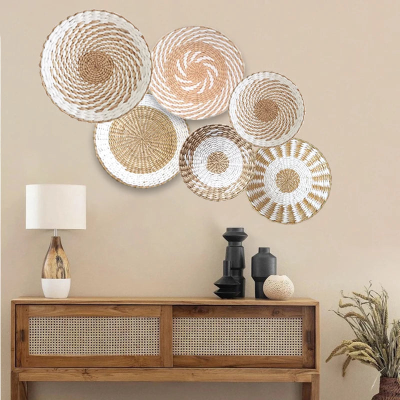 Boho Seagrass Hanging Wall Basket Decor Set of 5 Handmade Woven Round Plate Wall Decoration Craft Home Art Wall Hanging Ornament