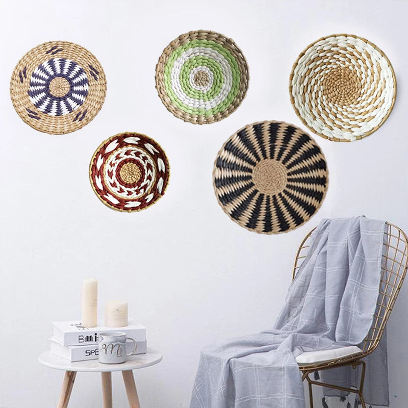 Fashion INS Straw Rattan Wall Decor Round Rattan Basket Wall Decoration Rattan Crafts Wall Hanging Frame Handwoven Hanging